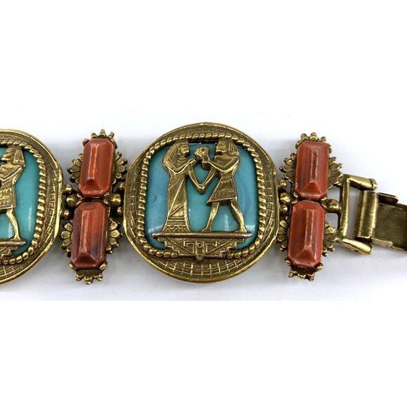 Egyptian Revival Bracelet 7" Unsigned Statement PIece Vintage Metal Plastic - Picture 4 of 11